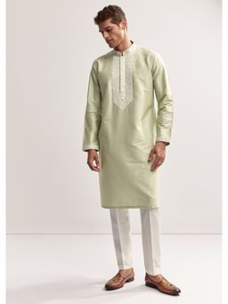 KALKI FASHION - Sea Green Viscose Chanderi Kurta and Pant for Men with Hand Work