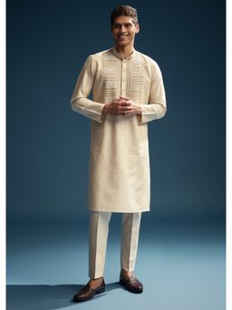 KALKI FASHION - Beige Silk Kurta and Pant for Men with Kashmiri Hand Work