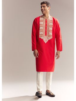 KALKI FASHION - Red Silk Kurta and Pant for Men with Kashmiri Hand Work
