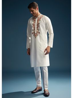 KALKI FASHION - Off White Silk Kurta and Pant for Men with Resham Embroidery