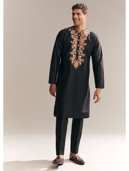 KALKI FASHION - Black Silk Kurta and Pant for Men with Resham Embroidery