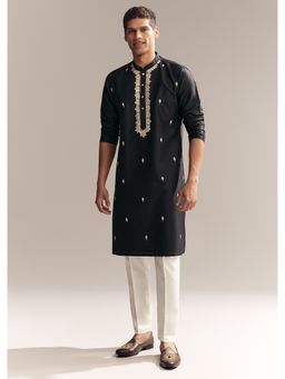 KALKI FASHION - Black Silk Kurta and Pant for Men with Zardozi Work