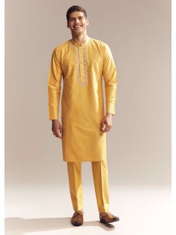 KALKI FASHION - Yellow Silk Kurta and Pant for Men with Zardozi and Aari Work