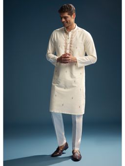 KALKI FASHION - Off White Silk Kurta and Pant for Men with Zardozi and Aari Work