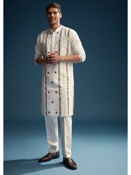KALKI FASHION - Off White Linen Kurta and Pant for Men with Resham Aari Embroidery