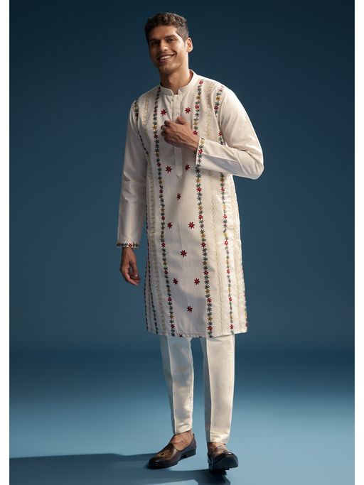KALKI FASHION Off White Linen Kurta and Pant for Men with Resham Aari Work