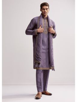 KALKI FASHION - Purple Silk Kurta Pant and Dupatta for Men with Hand Embroidery