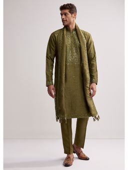 KALKI FASHION - Green Silk Kurta Pant and Dupatta for Men with Hand Embroidery