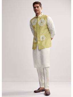 KALKI FASHION - Lime Green Silk Kurta Jacket and Pant for Men with Hand Embroidery