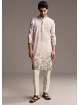 KALKI FASHION - Pink Silk Kurta and Pant for Men with Scenic Print