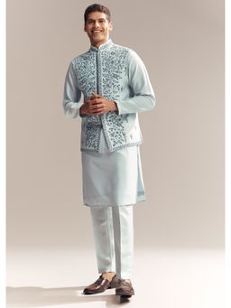 KALKI FASHION - Blue Silk Kurta Jacket and Pant for Men with Moti Embroidery