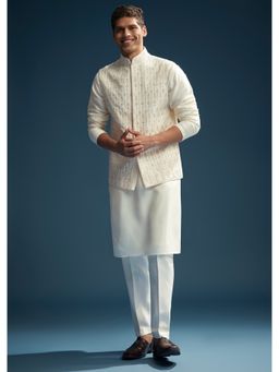 KALKI FASHION - Off White Silk Kurta Jacket and Pant for Men