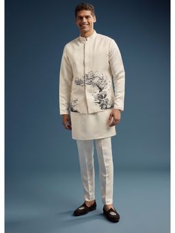 KALKI FASHION - Off White Silk Printed Kurta Jacket and Pant for Men with Beads Work