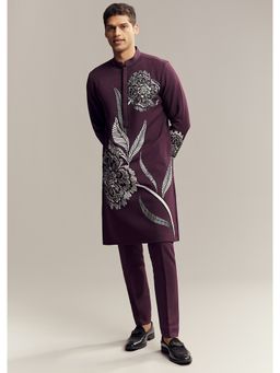 KALKI FASHION - Wine Kurta and Pant for Men with Floral Print and Beads Work