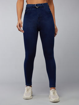 DOLCE CRUDO - Womens Navy Blue Cotton Skinny Fit High Rise Stretchable Jeans with Belt (Set of 2)
