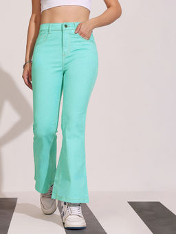 DOLCE CRUDO - Womens Turquoise Bootcut High Rise Stretchable Jeans