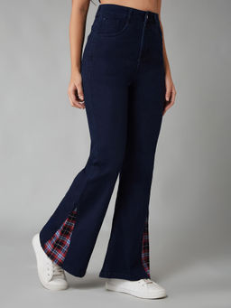 DOLCE CRUDO - Womens Navy Blue High Rise Clean Look Stretchable Denim Bootcut Jeans