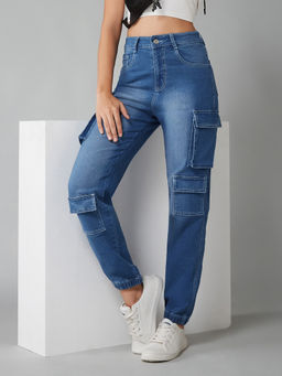 DOLCE CRUDO - Womens Mid Blue Regular High Rise Regular Stretchable Jeans