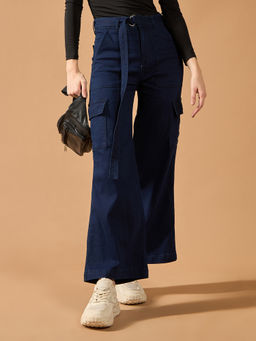 DOLCE CRUDO - Womens Navy Blue Wide Leg High Rise Clean Look Cargo Jeans with Belt (Set of 2)