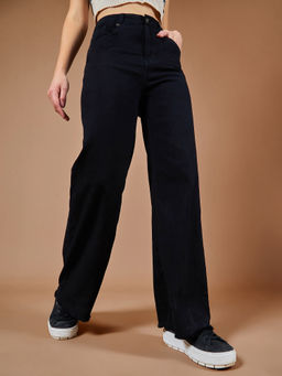 DOLCE CRUDO - Womens Black High Rise Stretchable Wide Leg Jeans
