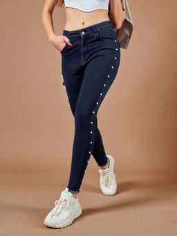 DOLCE CRUDO - Womens Navy Blue Cotton Skinny Fit Cropped High Rise Jeans