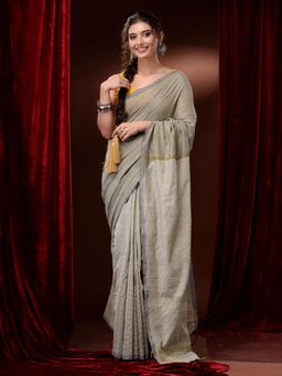 CHARUKRITI - Grey Pure Cotton Handwoven Stripes Saree with Unstitched Blouse