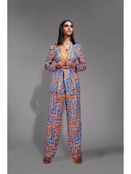 Shruti S - Printed Tangerine Orange Co-Ord with Waist Tie (Set of 3)