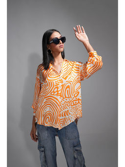 Shruti S - Tangerine Orange Printed Satin Shirt