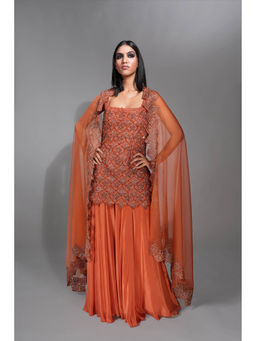 Shruti S - Orange Dark Gold Embroidery Kurta with Sharara and Dupatta (Set of 3)