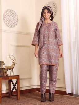 Varanga - Camel Brown Floral Printed Winter High- Low Co - ord Set