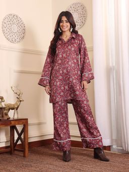 Varanga - Rust Floral Printed Shirt Collar Winter Co-ord Set