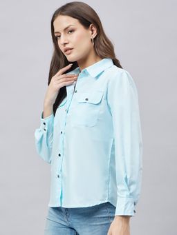 Style Quotient - Women Solid Sky Blue Smart Casual Shirt