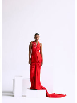 Manika Nanda - Red Halter Jacket With Draped Skirt (Set of 2)