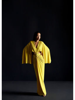 Manika Nanda - Yellow Batwing Sleeve Cutout Gown