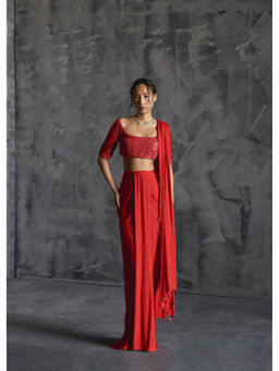 Manika Nanda - Red Pleated Draped Skirt With Embellished Blouse And Dupatta (Set of 3)