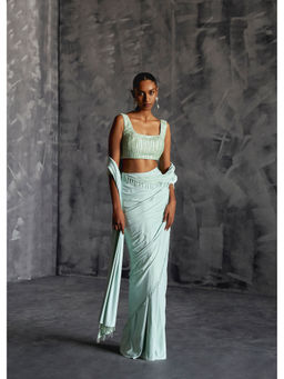Manika Nanda - Green Pre Draped Saree with Stitched Blouse