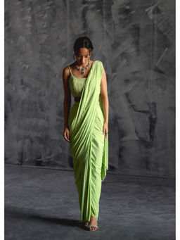 Manika Nanda - Green High Slit Pre Draped Saree with Stitched Blouse