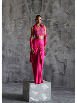 Manika Nanda - Pink Gathered Skirt With Embellished Crop Top And Dupatta (Set of 3)