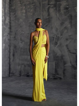 Manika Nanda - Yellow Embellished Pre Draped Saree with Stitched Blouse