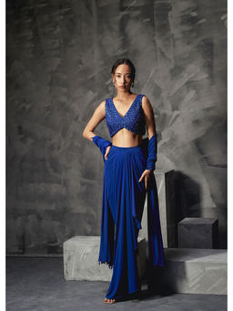 Manika Nanda - Blue Rainfall Drape Skirt With Crop Top And Dupatta (Set of 3)