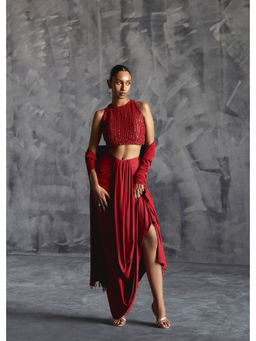 Manika Nanda - Maroon Pleated Skirt With Embellished Crop Top And Dupatta (Set of 3)