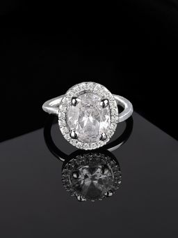 Estele - Rhodium Plated CZ Round Halo Solitaire Finger Ring for Women