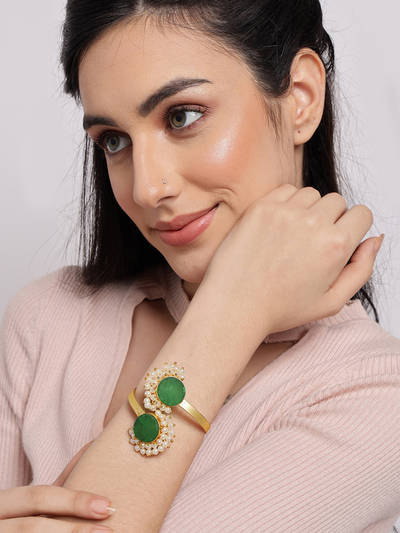 Gold Plated Green Brass Pearls Bangle Style Bracelet