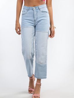 HONNETE - Ice Blue Patchwork Straight Fit Midrise Jeans