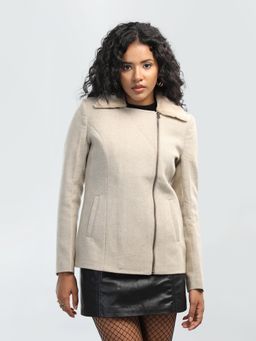 HONNETE - Cream Solid Casual Notched Lapel Overcoat