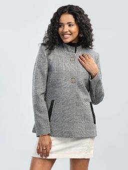 HONNETE - Grey Solid Casual Mock Collar Coat