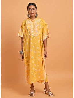 Lakshita - Yellow Cotton Printed Kaftan Kurta With Embroidery