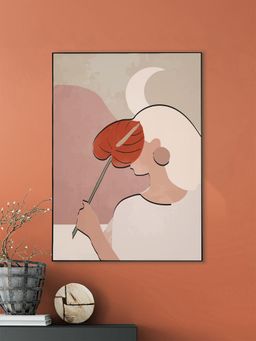 Nestroots - Graceful Women with Pink Leaf Canvas Art Printed Black Frame Wall Painting