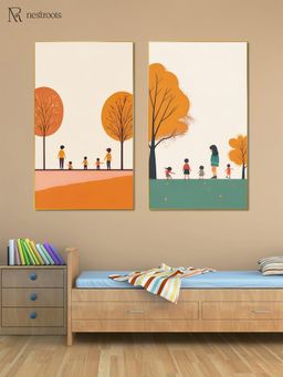 Nestroots - Childrens Joyful Outdoor Playtime Canvas Gold Frame Wall Paintings (Pack of 2)
