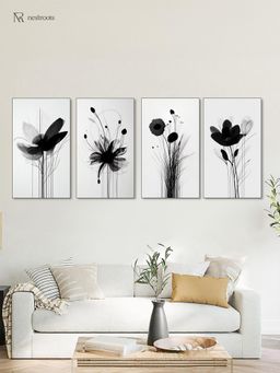 Nestroots - Monochrome Floral Elegance: Art Canvas Paintings (Pack of 4)